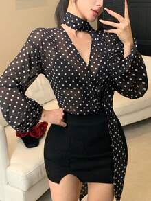 DAZY 女士波点缎带设计时尚百搭日常衬衫 - 黑色 - 查看 10