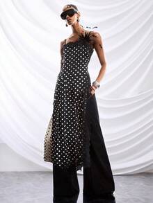 LYSMO 2026新款极简主义春夏女装波点蕾丝拼接吊带连衣裙，波点蕾丝设计，高开衩侧边，可单穿或叠穿，复古又不失魅力。女士波点连衣裙，黑色波点连衣裙，黑白波点连衣裙，波点长裙 - 黑與白 - 查看 4