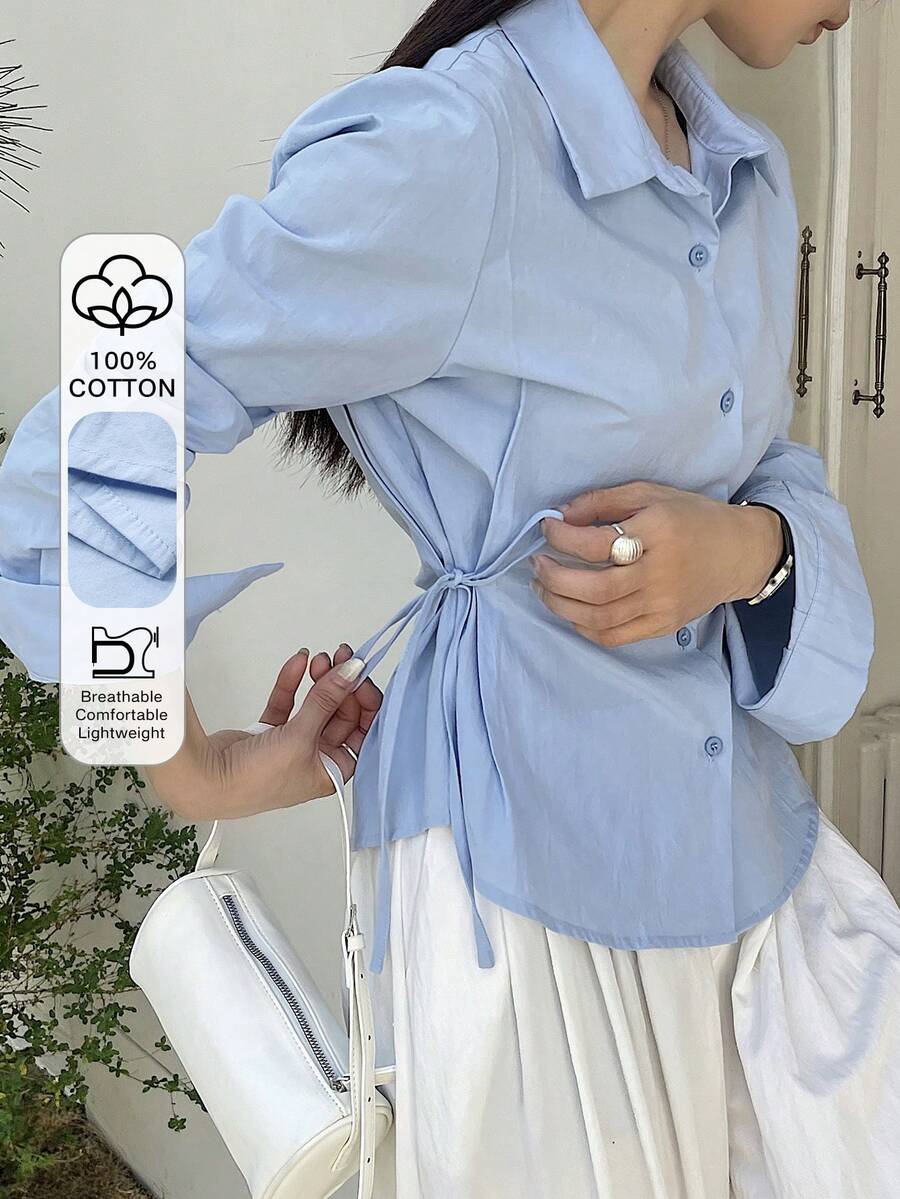 DAZY Áo sơ mi nữ màu trơn, cổ bẻ, tay dài, thắt eo, kiểu dáng công sở thường ngày, thích hợp cho mùa xuân/thu. - Màu xanh lam - Xem 1