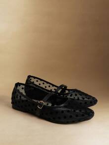 Rosivie Niche Korean Version Of Polka Dot Mesh Yarn Breathable Buckle With Mary Jane Shoes Women's Ballet Style Flat-Soled Shoes Soft Sole - Black - View 3