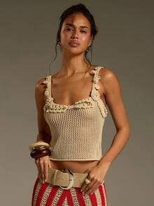 Athîral Women's Casual Sleeveless Off-Shoulder Cropped Knit Camisole Top, Suitable For Spring And Summer - Beige - View 1