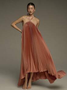 COSMINA 无袖连衣裙，褶裥领口设计，适合春季、度假、海滩、约会、情人节、婚礼宾客等场合穿着。 - 珊瑚粉 - 查看 6
