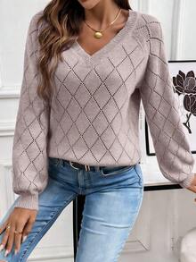 Rhombus Hollow Out Loose Fit V-Neck Long Sleeve Casual Knit Sweater For Women, Spring/Summer - Camel - View 5
