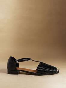 Rosivie 女士PU尖头多带编织低跟鞋，专业通勤鞋，优雅时尚 - 黑色 - 查看 2