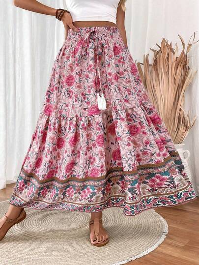 Breezaya Women's Drawstring Waist Tassels Decor A-Line Ruffle Hem Skirt Maxi Vacation Beach Fall Cloth For Women