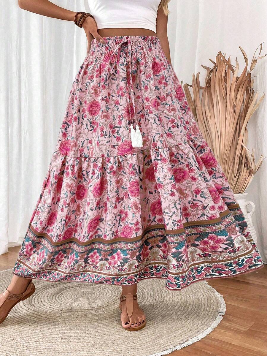 Breezaya Women's Drawstring Waist Tassels Decor A-Line Ruffle Hem Skirt Maxi Vacation Beach Fall Cloth For Women - Pink - View 1