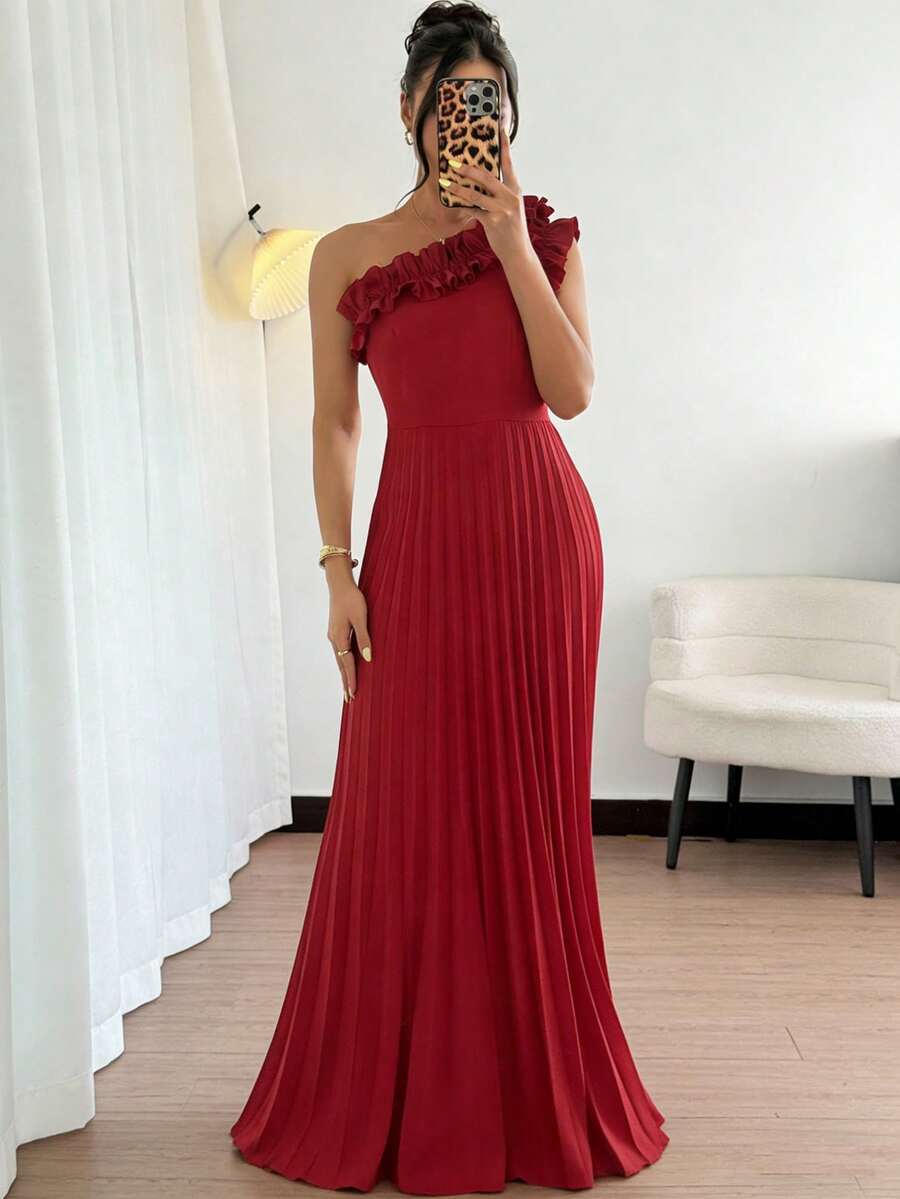Rafferiza New Elegant Fashion Versatile High-End Charming Asymmetric Collar Ruffle Floral Cinched Waist Pleated Solid Color Evening Dress - Red - View 1