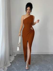 Selianne Stylish Women's Brown Knitted Sleeveless Fitted Long Dress Asymmetrical Neck Slit Prom Wear - Brown - View 4