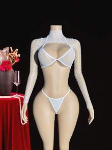 3入組女式性感鉸孔內衣套裝 - 白色 - 查看 3