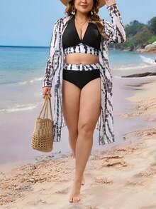 Swim Lushoire Women's Printed Bikini Set, Mesh Cover-Up, Tropical Swimsuit 3 Pieces Set , Beach Holiday Kimono - Black - View 1