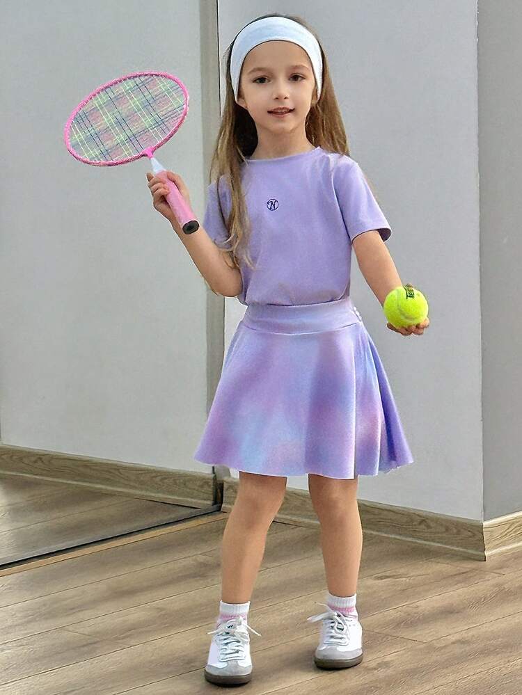 Young Girls Round Neck Knit Printed Short Sleeve T-Shirt & Skirt Sports Suit, Fall Outfit Summer
