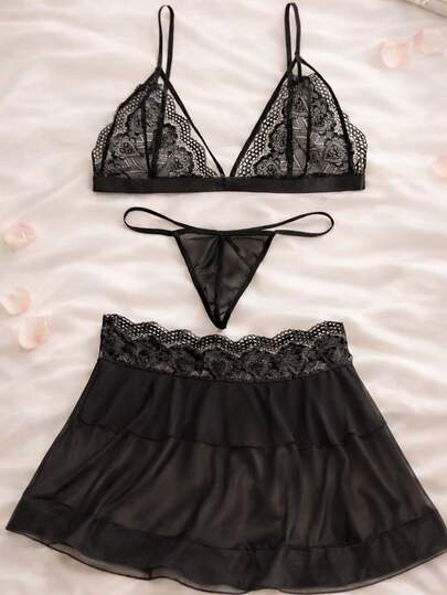 Conjunto de dos piezas para mujer que incluye un camisón sexy de talla única, con un diseño de cordones en contraste de color sólido combinado con tanga y un camisón cómodo. Lencería sexi.