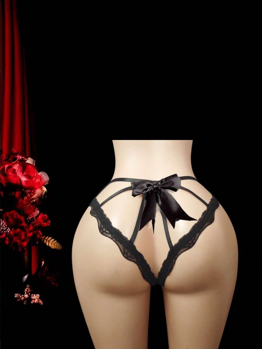 SHEIN 性感勃艮第酒红色蕾丝开裆内裤，适合外出穿着 - 黑色 - 查看 1