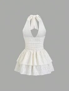 Sweetra 女士蕾丝吊带露背时尚约会派对短款蛋糕裙 - 杏色 - 查看 2