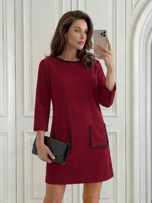 Miaspire 女士优雅通勤珍珠装饰双口袋短裙 - 酒紅色 - 查看 3