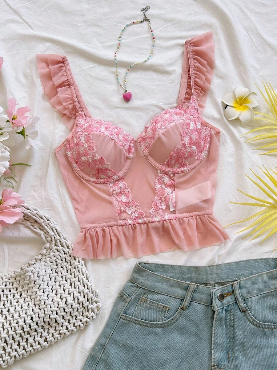 Soleia 可爱性感半透明网纱花卉刺绣钢圈文胸，配有可调节肩带 - 粉色 - 查看 1