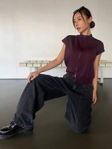 DAZY 女士宽松拼接牛仔喇叭牛仔裤，休闲街头风，春夏Y2K风格 - 灰色 - 查看 6