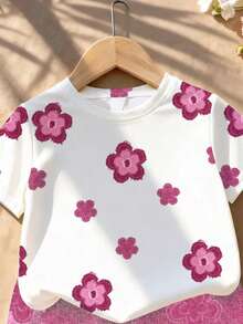 2 Stück/Set Mädchen Outfit mit Blume Muster für 4-7 Jahre, beinhaltet Rundhals Kurzarm T-Shirt und passende Shorts, leichter atmungsaktiver Stoff, lässiger Alltagsoutfit für Frühling/Sommer - Verschiedenfarbig - Übersicht 4