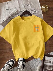 EMERY ROSE 夏季休闲条纹字母印花短袖T恤 - 黃色 - 查看 2