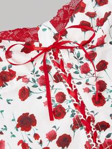 SHEIN MOD Red Rose Floral Print Contrast Lace Crisscross Ribbon Top – Date, Party, Women's Summer And Spring Wear, Spring Break, Vacation, Picnic, Festival, Birthday - Red and White - View 3