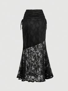 SHEIN MOD Chân váy dài dáng đuôi cá cạp cao màu đen ren xuyên thấu quyến rũ cổ điển với dây rút bên hông và nhún eo – Thích hợp cho hẹn hò, tiệc tùng, trang phục mùa hè và mùa xuân cho nữ, kỳ nghỉ xuân, du lịch, dã ngoại, lễ hội, sinh nhật. - màu đen - Xem 10