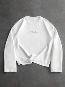 PAVTROS 男士休闲时尚街头标语刺绣印花宽松长袖T恤，适合春秋季日常通勤。 - 白色 - 查看 3