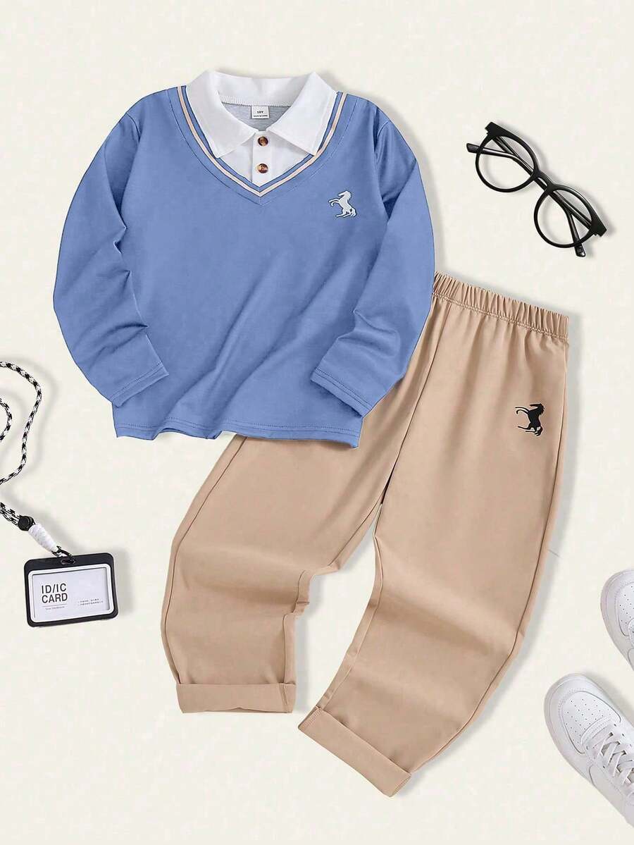 Casuvi Kids 两件套男童海军蓝 Polo 领二合一刺绣条纹学院风上衣搭配卡其色直筒裤，适合日常穿着、复古校园风、运动街头风、返校季、春秋季节穿着。 - 藍色 - 查看 1