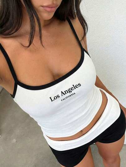 CovetEZ 2pcs/Set Casual Minimalist American Los Angeles Slogan Letter Print Pattern Women Tank Top And High Waist Contrast Color Leggings Set, Suitable For Summer. Suitable For Vacation, Back To School Season, Graduation Season, Party, Gathering, Sports Wear