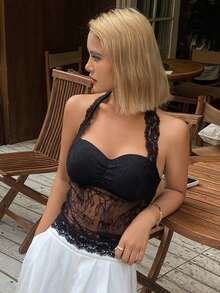 DAZY Áo camisole ren khoét rỗng không tay cổ yếm buộc dây gợi cảm dành cho nữ. - màu đen - Xem 4