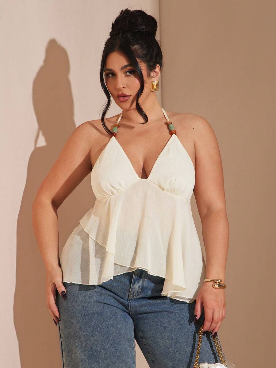 SHEIN BAE 杏色大码女式串珠露背吊带背心,适合度假、夏季、夏季、抹胸、春季女装、夏季、衬衫、西部风格女装、外出上衣、假日女装、女士上衣、职业装、性感上衣、吊带背心、度假女装、大码、西部风格女装、乡村音乐会、牛仔女郎风格女装、大码、曲线、大码、黄色上衣 - 杏色 - 查看 1