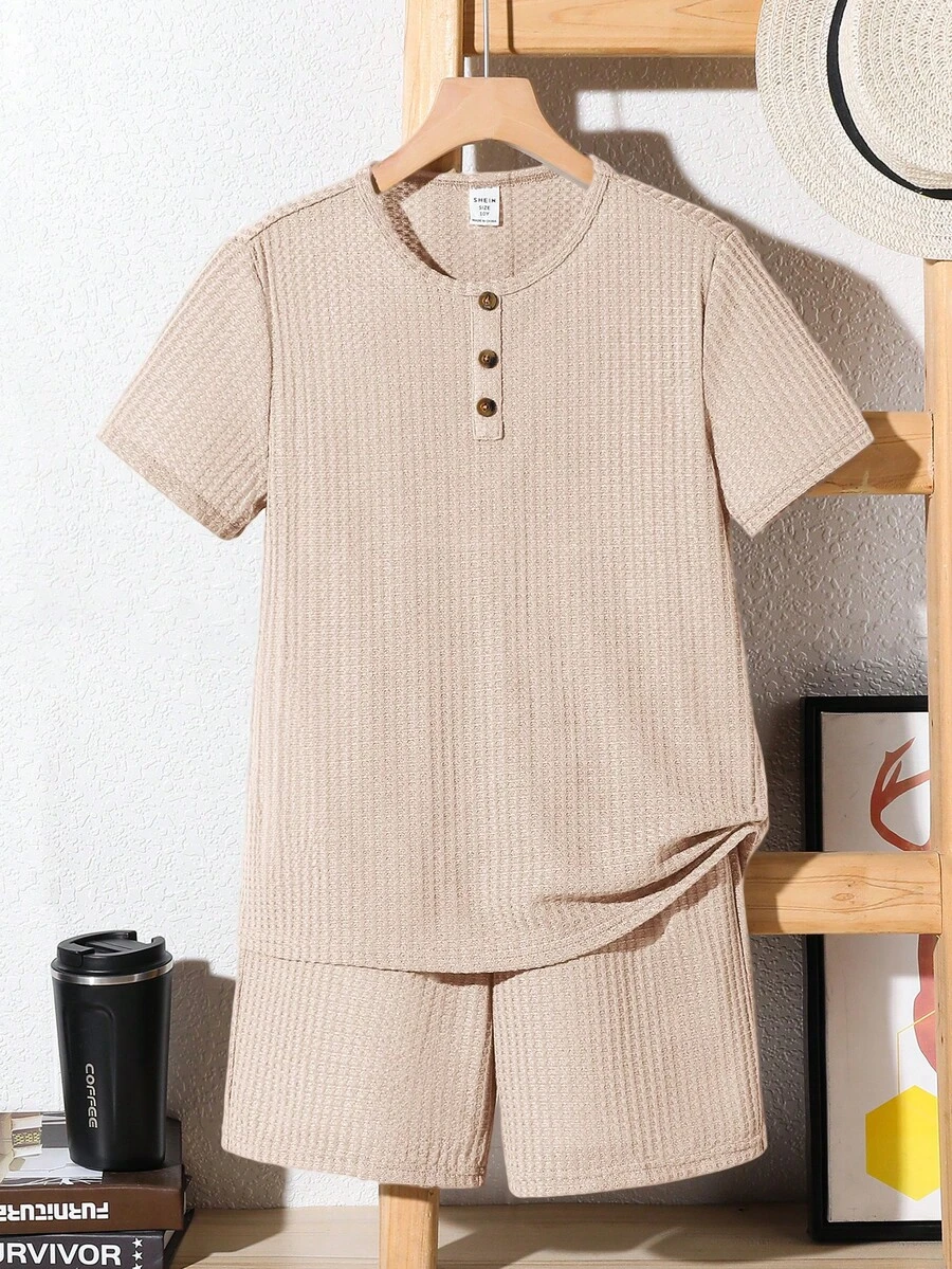 SHEIN Leap Crew 2pcs Tween Boy Casual Snap Button Short Sleeve T-Shirt And Shorts Pajama Set,Kids - Apricot - View 1