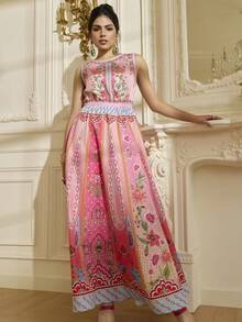 LOTSLUV Vestido Retrô Estampado Sem Mangas Evasê com Cintura Marcada, Estampa Retrô Posicionada em Rosa e Azul - Rosa chiclete - Visão 5