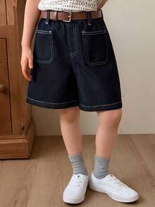 DAZY 夏季少女牛仔短裤 - 深色水洗藍 - 查看 4