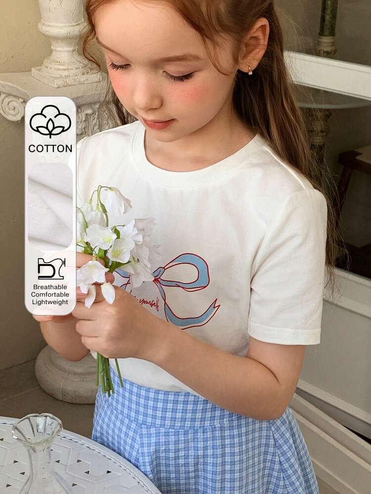 Tween Girl Butterfly Print Round Neck Short Sleeve T-Shirt