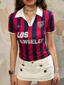 Rina Fox Women's Letter & Stripe Print Polo Collar Short Sleeve Casual T-Shirt - Multicolor - View 3