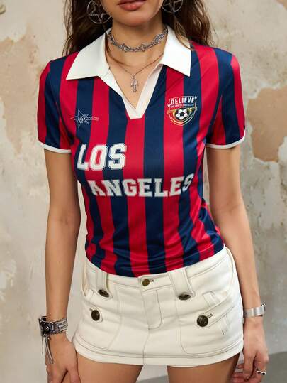 Rina Fox Women's Letter & Stripe Print Polo Collar Short Sleeve Casual T-Shirt