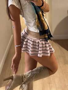 Rina Fox 女士条纹迷你裙，复古Y2K风格，可爱又性感，适合度假、约会、音乐节、休闲街头风、春夏穿着。 - 粉色 - 查看 2