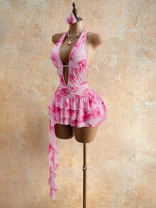 Mistrie Women's Floral Print Deep V-Neck Ruffled Hem Vacation Mini Dress - Pink - View 4