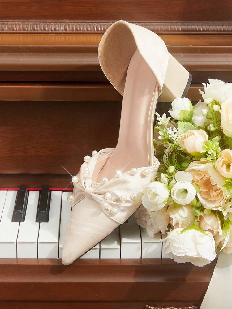 CUCCOO HITCHD Women's Pointed Toe Faux Pearl Decor Daily Versatile Fashion High Heels Summer Shoes Wedding Shoes Bride Shoes