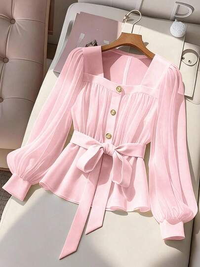 GlowEve CURVE Plus Size Women's Elegant Commuter Color Block Lantern Sleeve Blouse, Sunray Pleat Shirt, Spring/Autumn