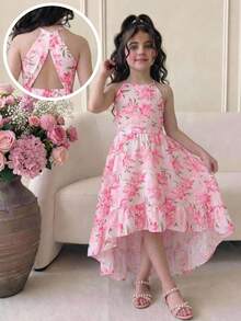 SHEIN Vestido de gasa con estampado floral, cuello redondo, tirantes finos, dobladillo asimétrico, para niñas, color rosa - Rosa - Ver 2