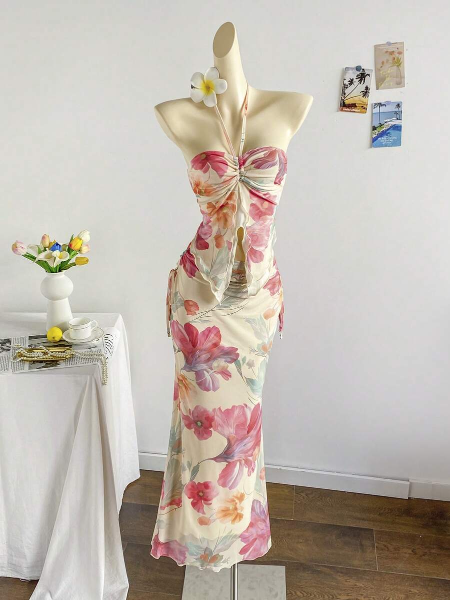 Soleia Women's Elegant Floral Print Halter Neck Top And Fish Tail Skirt 2-Piece Set, Summer - Multicolor - View 1