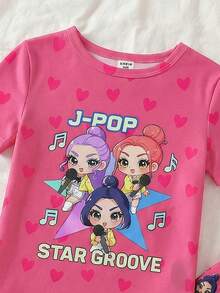 Pijama de niña con estampado de dibujos animados, conjunto de 2 piezas de manga corta y pantalones de punto elástico y suave con diseño de corazón y niña en color fucsia - Rosa Fucsia - Ver 3