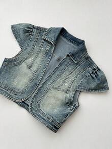 Elamini Áo khoác denim siêu ngắn kiểu cổ điển được đính đá lấp lánh - Rửa trung bình - Xem 1