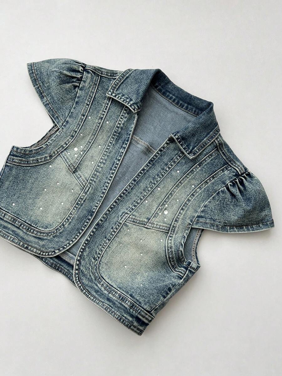 Elamini Áo khoác denim siêu ngắn kiểu cổ điển được đính đá lấp lánh - Rửa trung bình - Xem 1