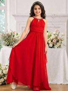 SHEIN Tween Girl Spring/Summer Elegant Beaded Chiffon Dress Red Tween Girl - Red - View 3