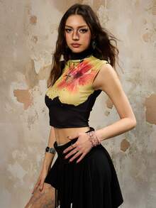 INAWLY Blusa casual para mujer con estampado floral, cuello mandarín y decoración de strass - Negro - Ver 7