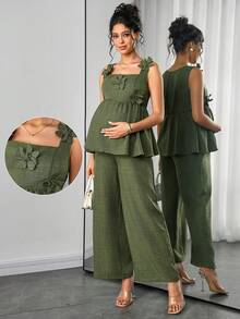 Momance 2pcs Maternity Sleeveless Shirred A-Line Floral Print Tank Top & Straight Leg Pants Set - Army Green - View 1