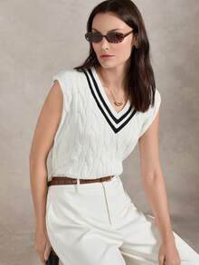 Briarwyn Summer Women's Striped V-Neck Cable Knit Sweater  Pattern Casual Knit Vest, Preppy Style ,Old Money Style,Summer Clothes - Beige - View 7