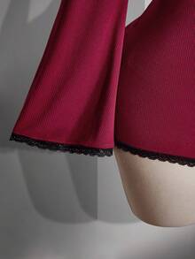 SHEIN ICON 大码女式蕾丝拼接镂空时尚休闲连体衣 - 酒紅色 - 查看 4